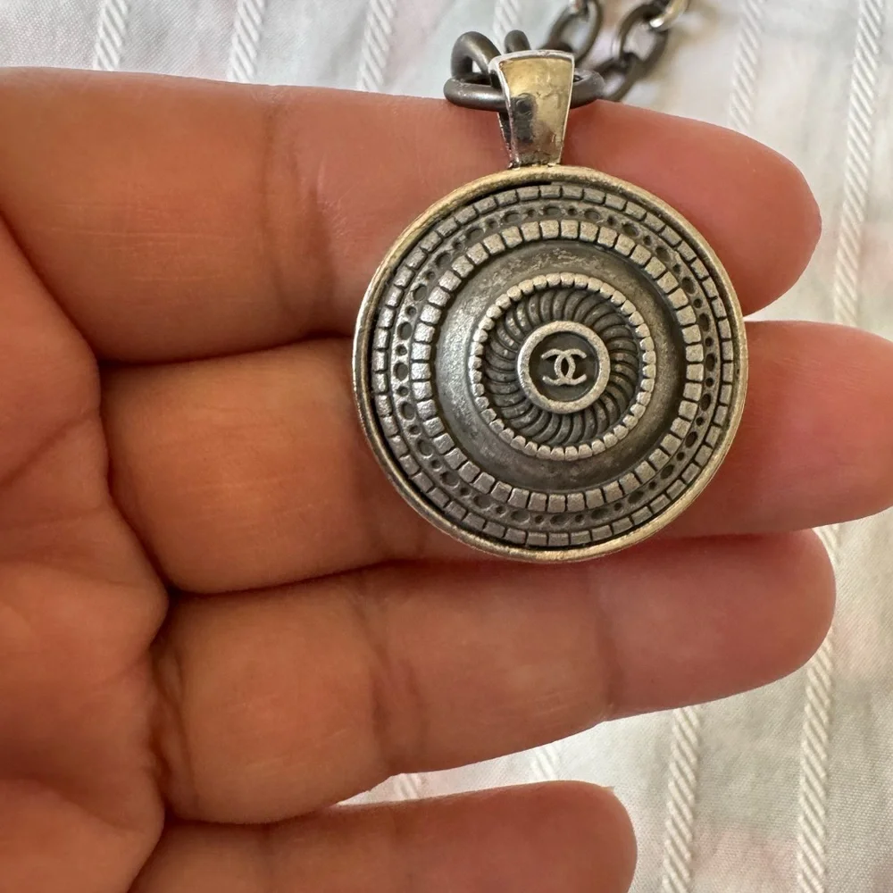 Vintage Chanel Necklace Marked CC Silver Chain 1” Pendant